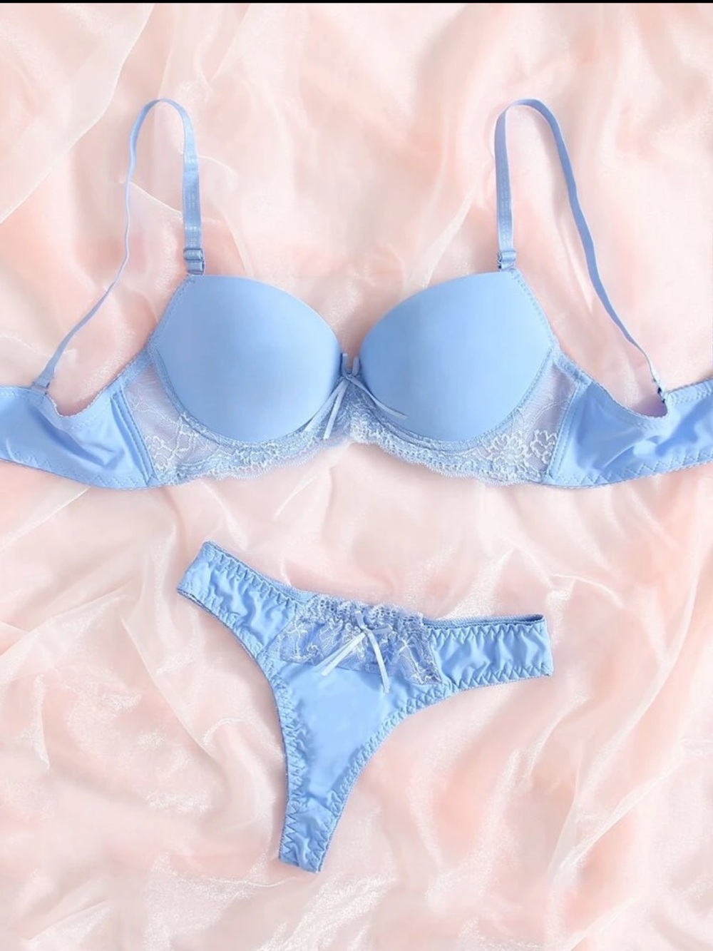 SHEIN Contrast Lace Super Push Up Bra & Panty Lingerie Set, Baby Blue